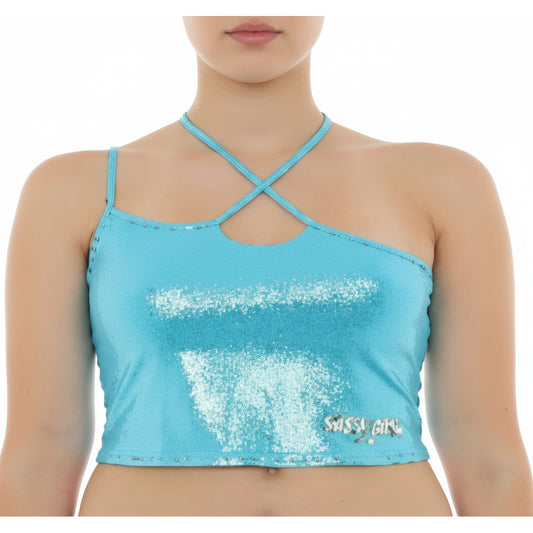 Moschino Cross Strap Sequin Crop Top Turquoise (A57479425-0305) Women