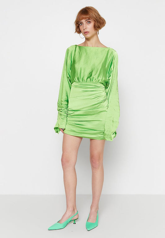Draped Detail Satin Dress-Green Women