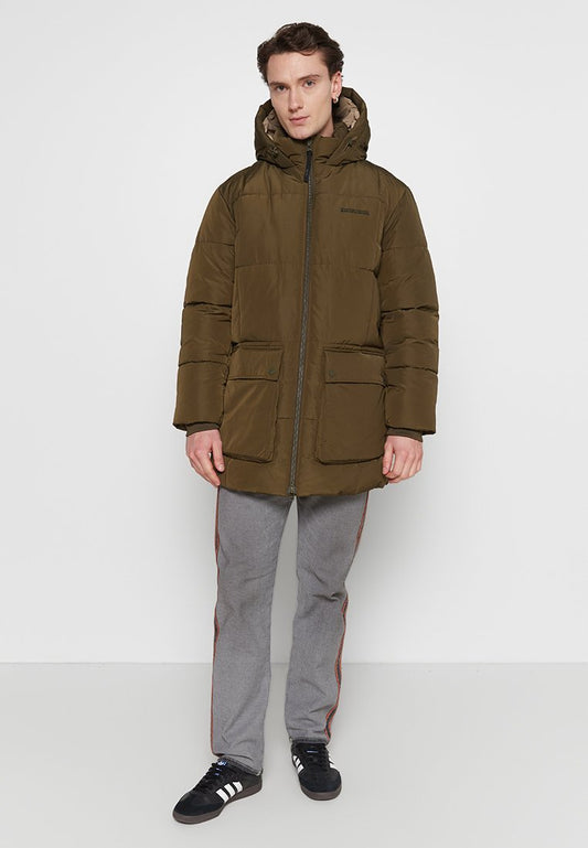 long puffer parka with hood, patch pockets, zipper Men