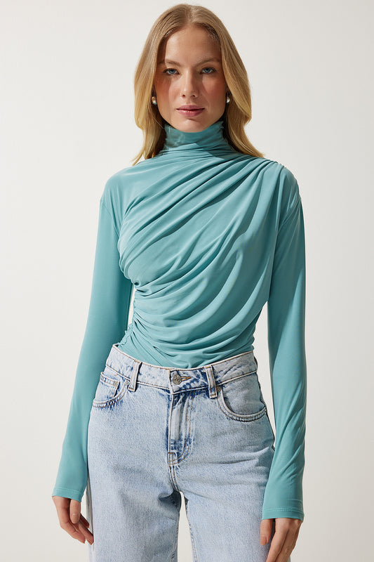 Happiness İstanbul Women's Water Green Drawstring Detailed Stand Collar Sandy Blouse Aqua Green Women