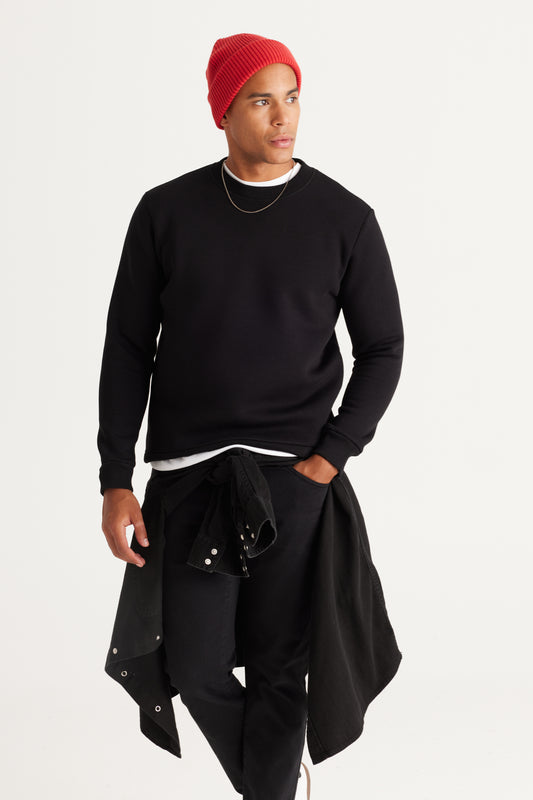 AC&Co - Altınyıldız Classics Men's Black Fleece Cotton Sweatshirt - Crew Neck, 3 Thread Men