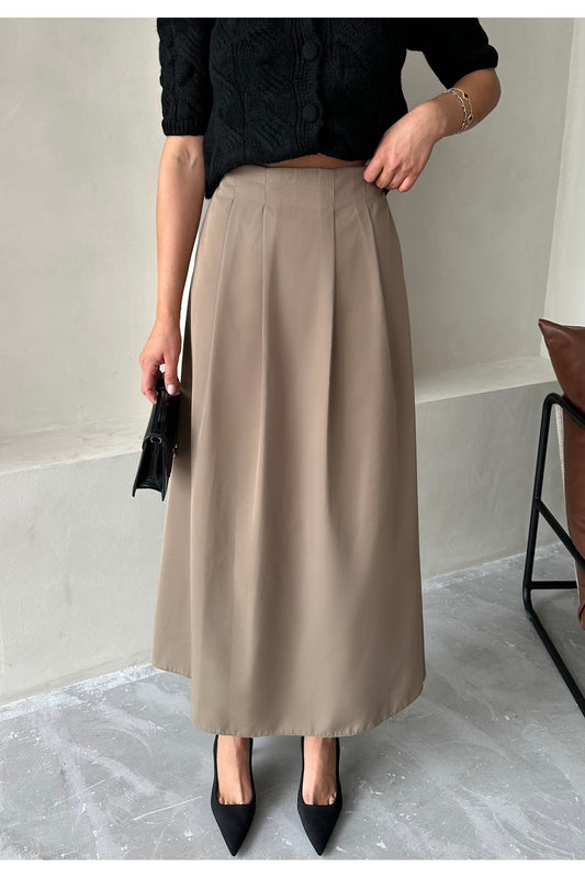 Laluvia Khaki Yoda Pleated Long Skirt Women