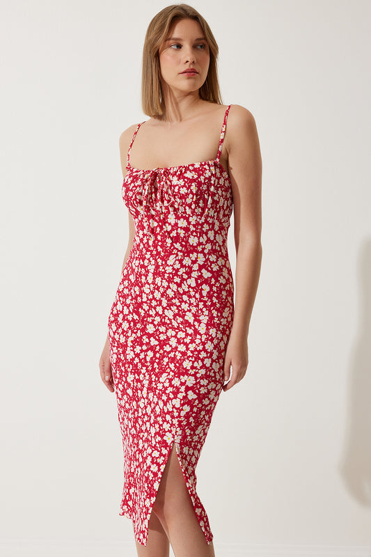 Happiness İstanbul Women's Dark Pink Floral Slit Summer Knitted Dress Women