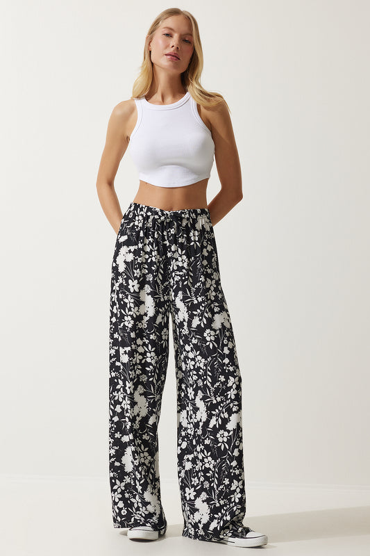 Happiness İstanbul Women's Black Patterned Flowing Viscose Palazzo Trousers Women