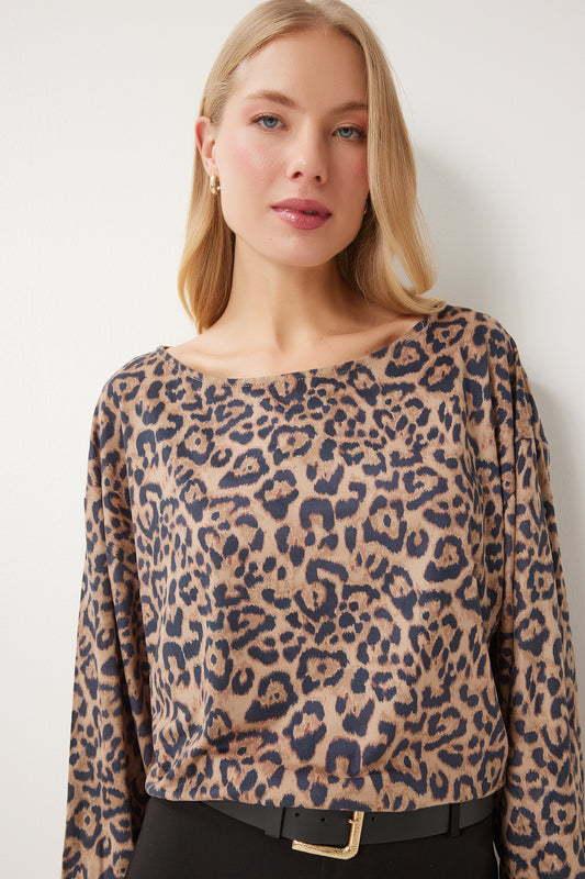 Happiness İstanbul Women's Black Beige Leopard Patterned Blouse Women