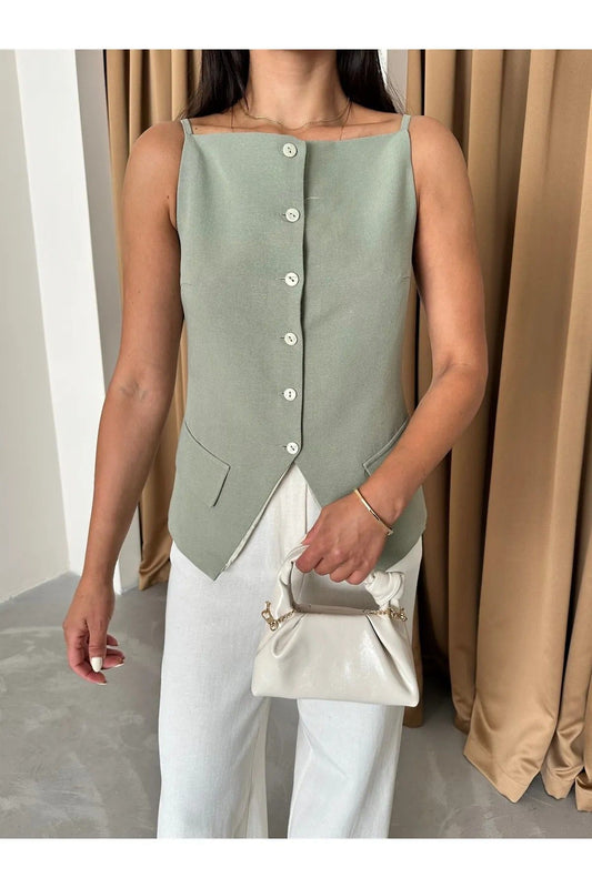 Laluvia Çağla 100% Cotton Thin Strap Vest with Pocket and Button Detail Almond Green Women