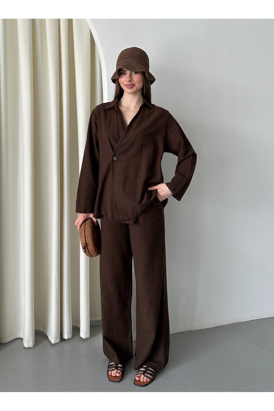 Laluvia Natural 100% Cotton Double Breasted Closure Single Button Kimono Trouser Suit Brown Women