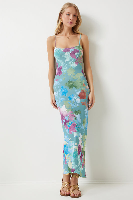 Happiness İstanbul Women's Green Floral Slit Summer Dress Light Green Women