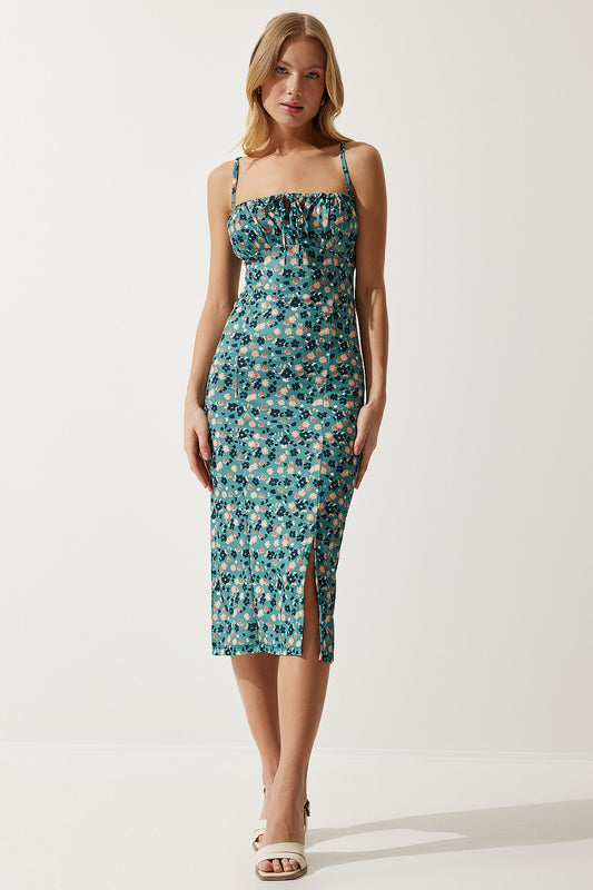 Happiness İstanbul Women's Petrol Green Floral Slit Summer Knitted Dress Petroleum Green Women