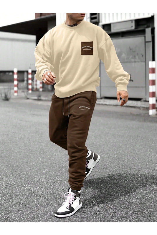 MOONBULL Men's Chest Pocket Detailed Tracksuit Set Beige-brown Men