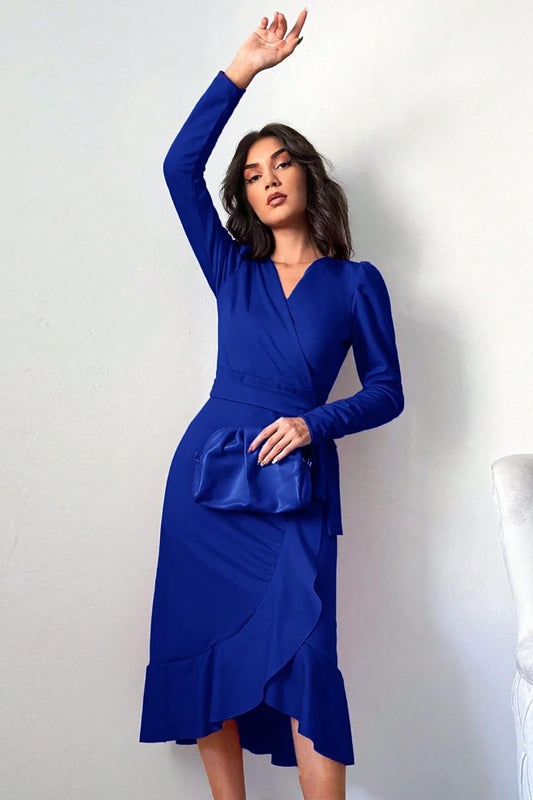 Deafox Blue Crepe Fabric Long Sleeve Belted Midi Dress Women