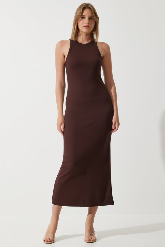 Happiness İstanbul Women's Brown Halter Neck Summer Steel Knitted Long Dress Women