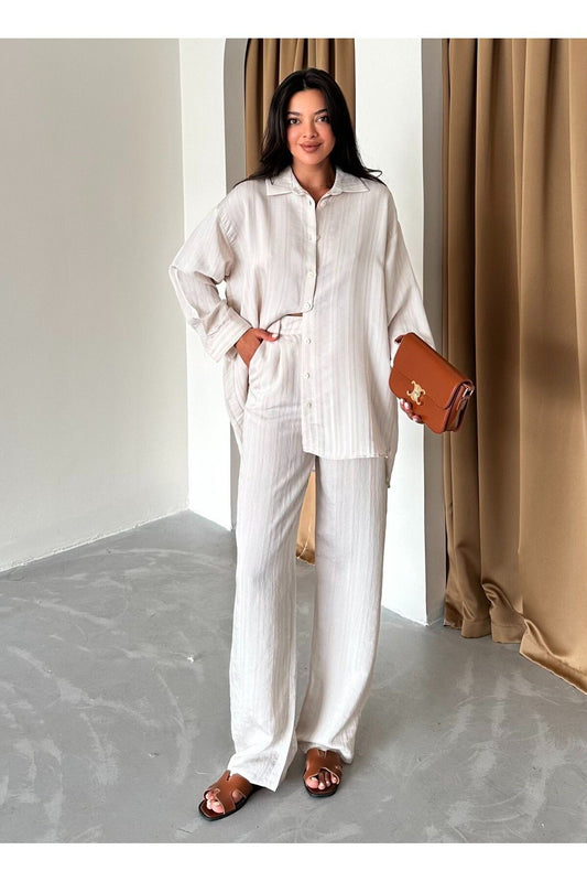 Laluvia Mink Free Self Striped Shirt Pants Set Beige Women