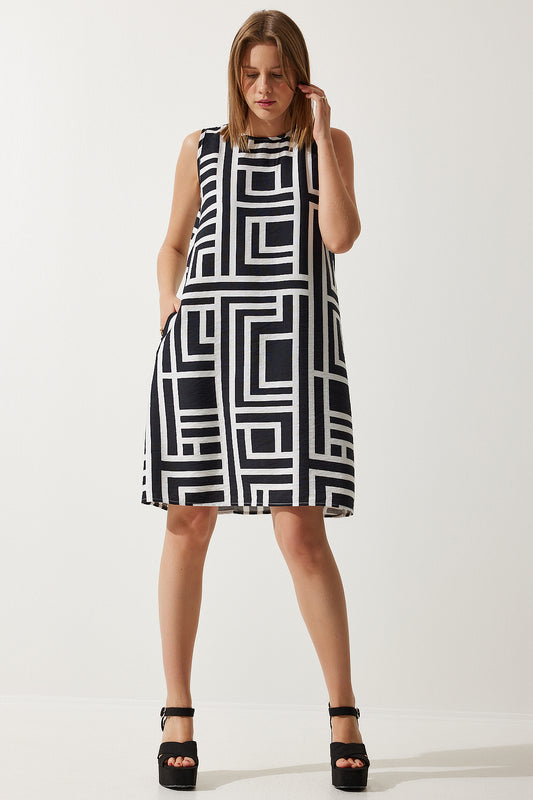 Happiness İstanbul Women's Vibrant White Black Patterned Summer Bell Dress Women