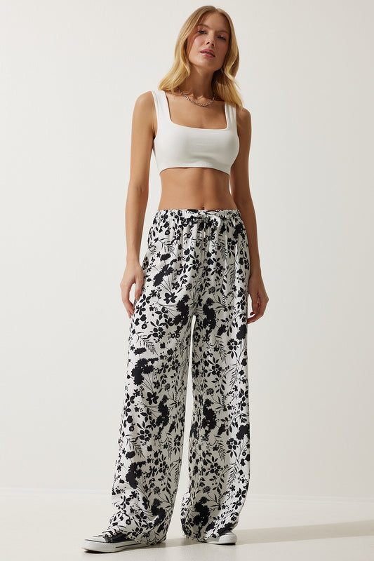 Happiness İstanbul Women's White Patterned Flowing Viscose Palazzo Trousers Women