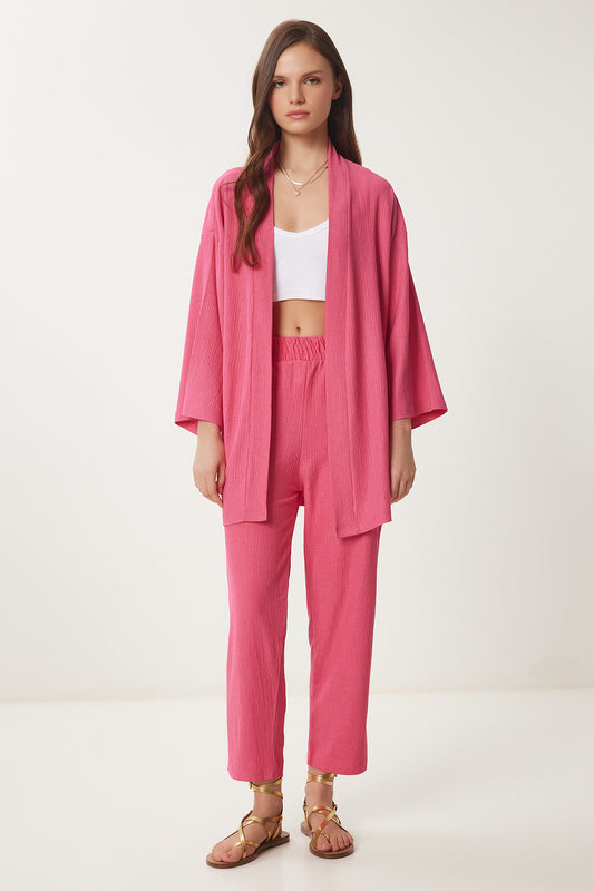 Happiness İstanbul Women's Dark Pink Kimono Trousers Knitted Set Women