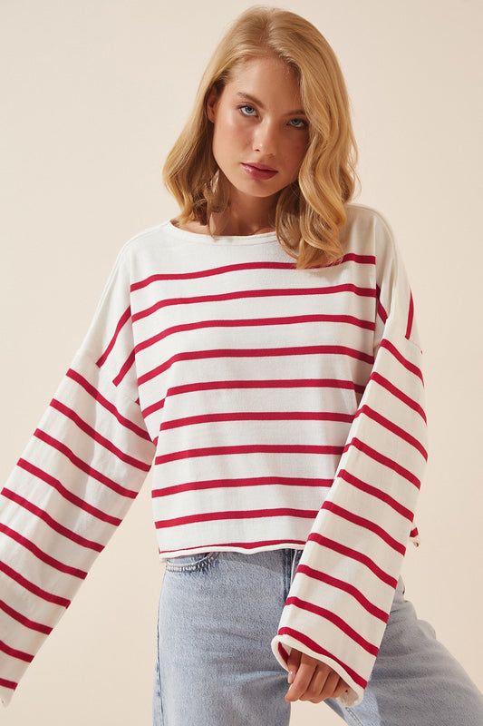 Happiness İstanbul Women's Red White Striped Oversize Crop Knitwear Sweatshirt Red And White Women