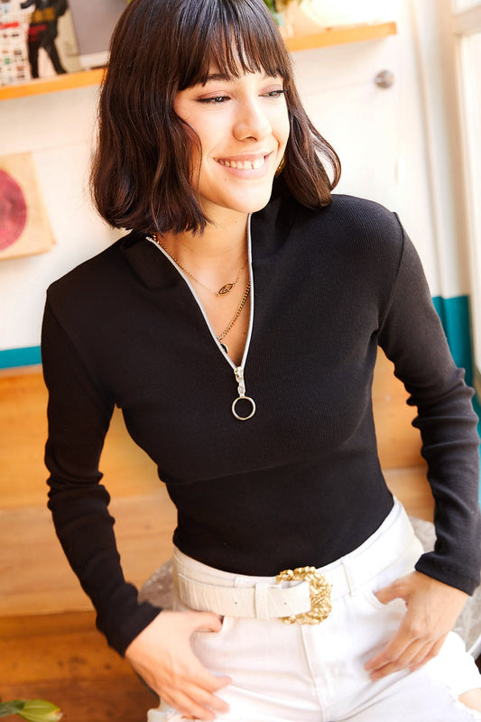 Olalook Women's Black Turtleneck White Zippered Lycra Blouse Women