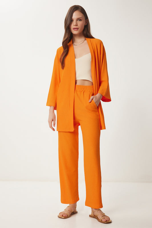 Happiness İstanbul Women's Orange Kimono Trousers Knitted Set Women
