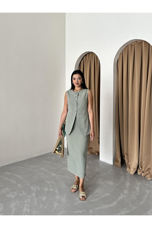 Laluvia Khaki Pencil and Skirt Set - 100% Cotton, Slit Detail Women