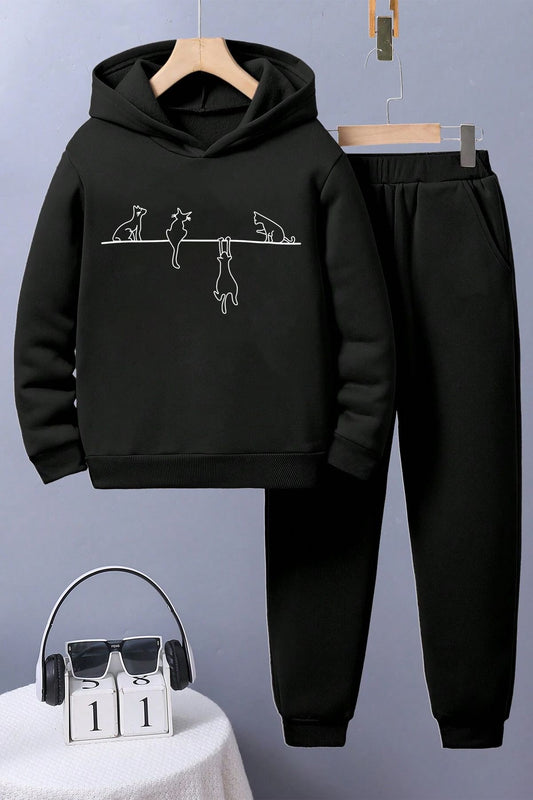 uyguntarz Cat Patterned Comfortable Boys and Girls Tracksuit Set Black Unisex