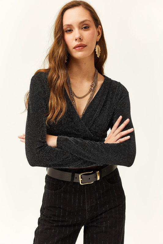 Olalook Women's Black Double Breasted Glitter Crop Blouse Women