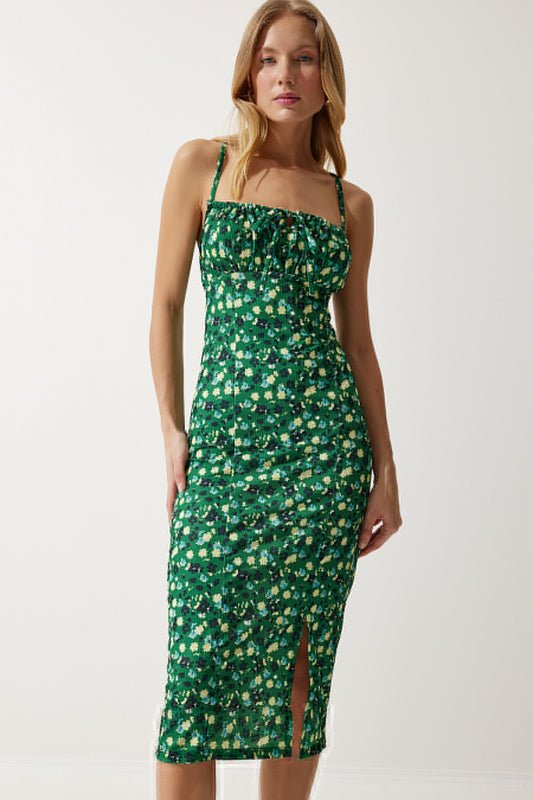 Happiness İstanbul Women's Green Yellow Floral Slit Summer Knitted Dress Women