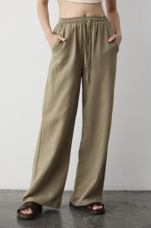 Laluvia Çağla Elastic Waist Cotton Linen Trousers Almond Green Women