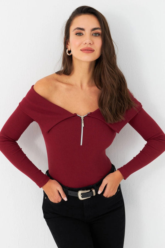 Cool & Sexy Madonna Collar Burgundy Blouse - Zip-Up, Women'S, Women