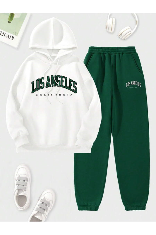 MOONBULL Unisex Los Angeles CA Printed Hooded Tracksuit Set White-navy Unisex
