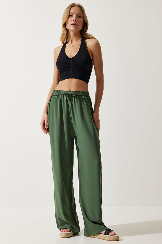 Happiness İstanbul Women's Khaki Summer Viscose Palazzo Trousers Women