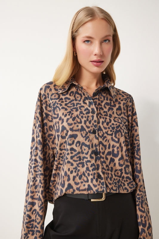 Happiness İstanbul Women's Black Beige Leopard Patterned Suede Shirt Women