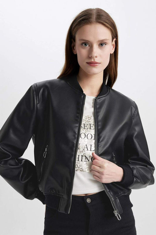DeFacto College Collar Plain Zipper Pocket Faux Leather Bomber Jacket Black Women