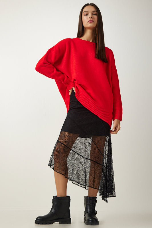 Happiness İstanbul Women's Black Asymmetrical Lace Midi Skirt Women