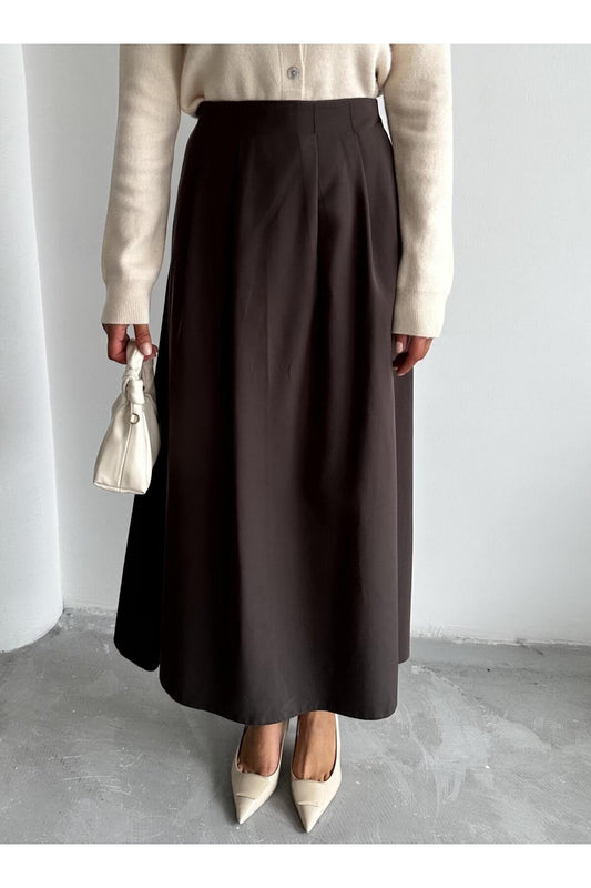 Laluvia Brown Yoda Pleated Long Skirt Coffee Women
