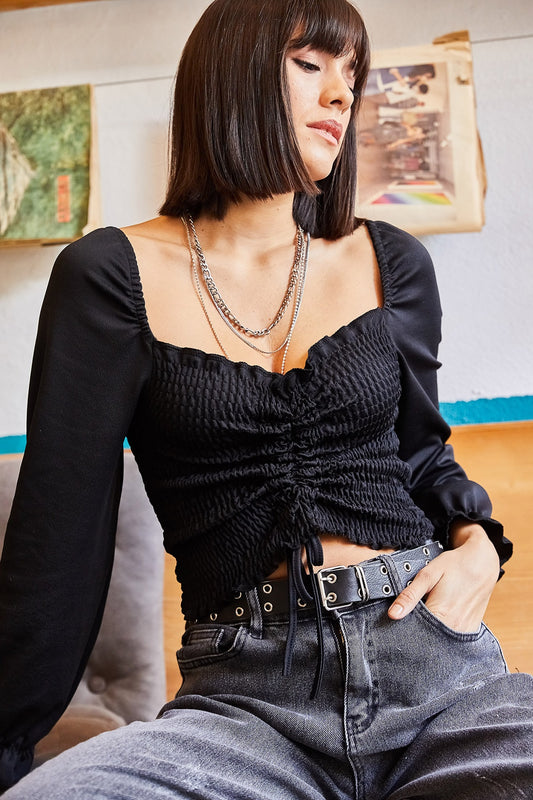 Olalook Women's Black Gathered Front Knitted Blouse Women