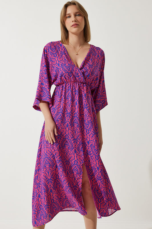 Happiness İstanbul Women's Dark Pink Blue Deep V-Neck Summer Long Viscose Dress Women