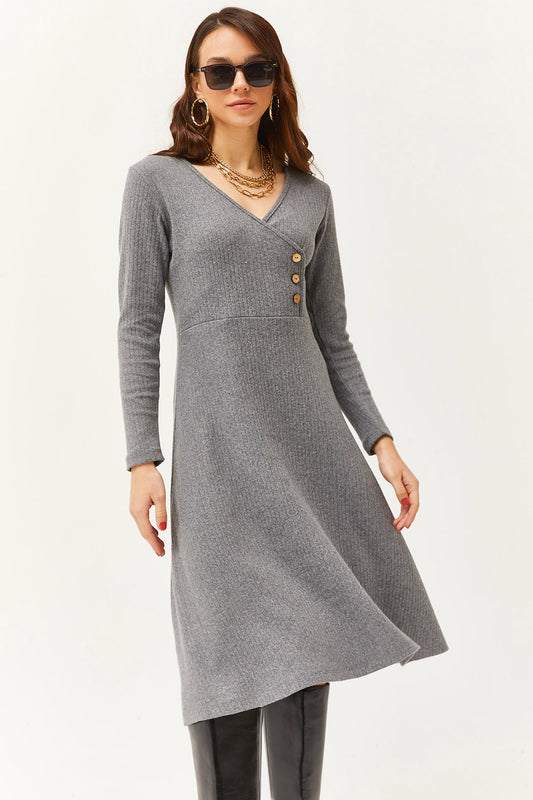 Olalook Women's Smoked Button Detailed Double Breasted Midi Bell Dress Women