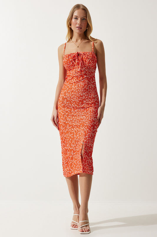 Happiness İstanbul Women's Vibrant Orange Floral Slit Summer Knitted Dress Women