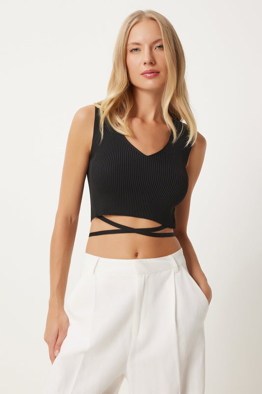 Happiness İstanbul V-neck Ribbed Knitwear Blouse - Women's, Black with Tie Detail Women