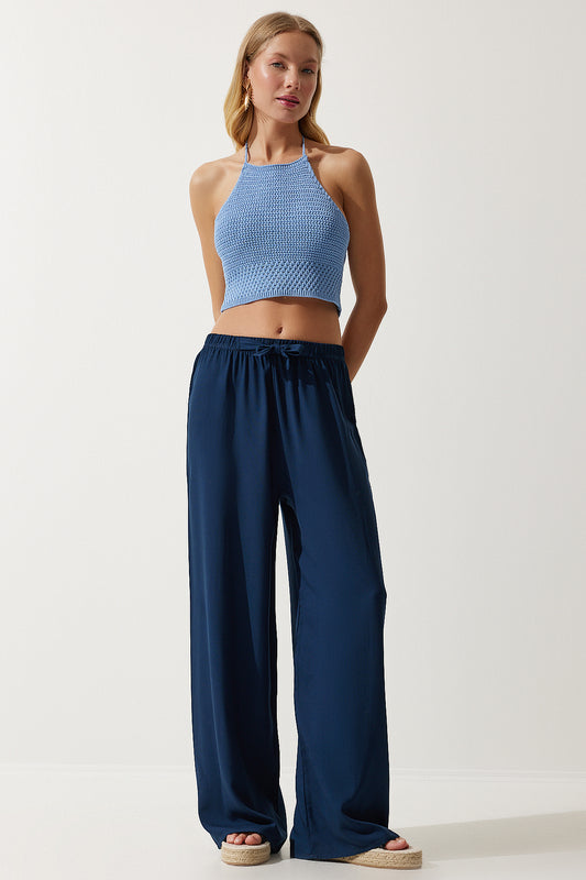 Happiness İstanbul Women's Navy Blue Summer Viscose Palazzo Trousers Women
