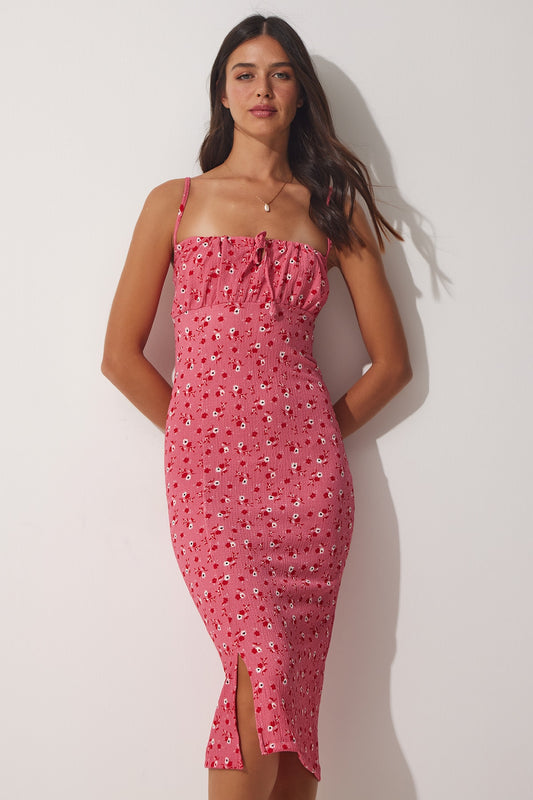 Happiness İstanbul Women's Pink Floral Gathered Collar Summer Knitted Dress Women