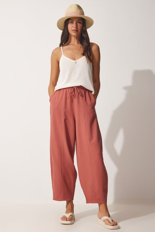 Happiness İstanbul Women's Dusty Rose Pocket Linen Viscose Shalwar Trousers Dried Rose Women