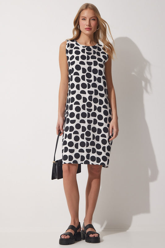 Happiness İstanbul Print Aerobin Linen Summer Bell Dress Black And White Women