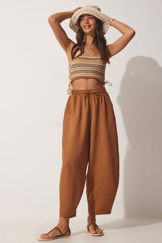 Happiness İstanbul Women's Camel Pocket Linen Viscose Shalwar Trousers Women