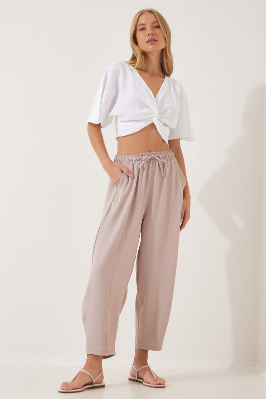 Happiness İstanbul Women's Cream Linen Shalwar Trousers Women