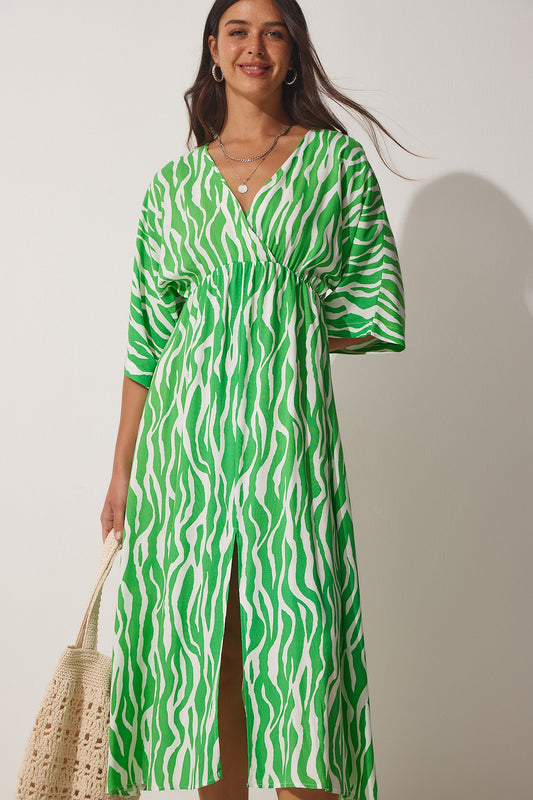 Happiness İstanbul Women's Green Deep V-Neck Summer Long Viscose Dress Women