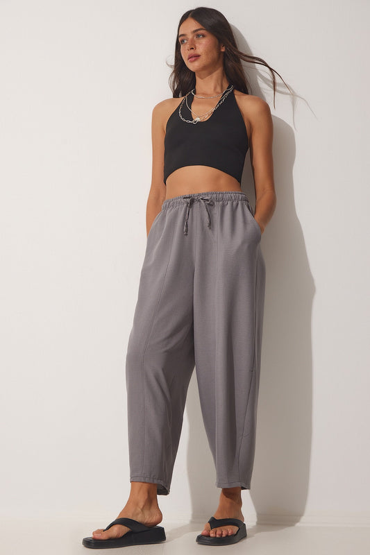 Happiness İstanbul Women's Gray Pocketed Linen Viscose Shalwar Trousers Women