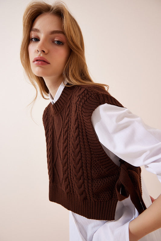 Happiness İstanbul Woman's Brown Turtleneck Knit Sucker Women