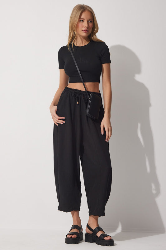 Happiness İstanbul Women's Vibrant Black Pocketed Linen Viscose Shalwar Trousers Live Black Women